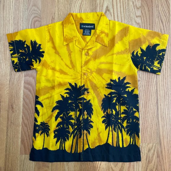 BOYS HAWAIIAN SHIRT NO BOUNDARIES BUTTON UP YELLOW BLACK PALM TREES SIZE 6/7 - Picture 1 of 6